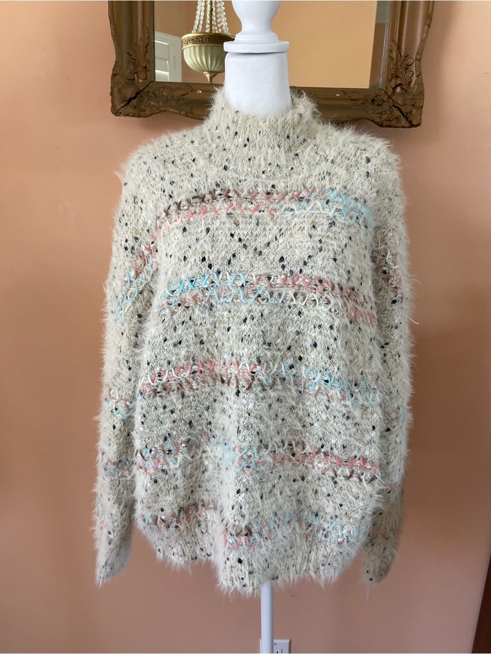 Textured Shaggy Acrylic Poly Blend 
X Design Turtleneck Chunky Sweater 
X/L size